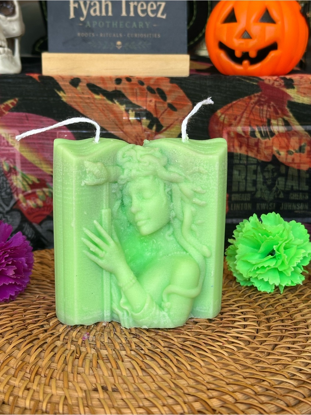 Hand Crafted Green Medusa Double-Wick Decorative Candle